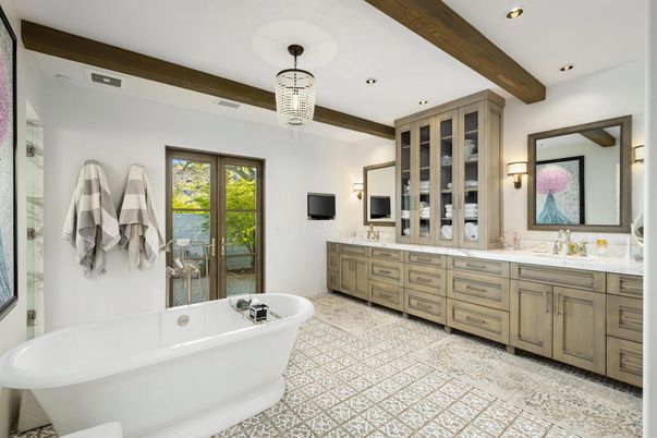 Bathroom, Chandelier, Dual Sink Vanities, Free Standing Baths, Interior, Recessed Lighting, Wooden Beams