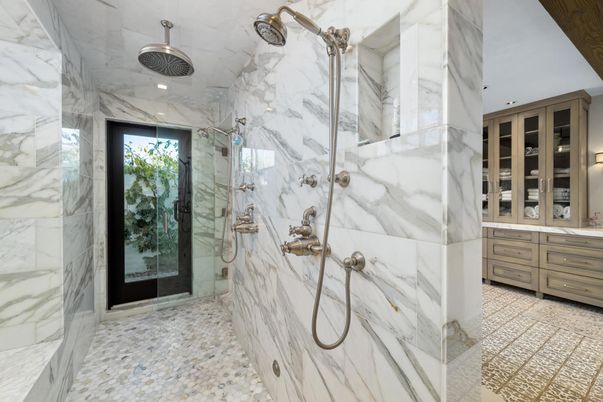 Bathroom, Glass Shower, Interior, Marble Walls, Recessed Lighting