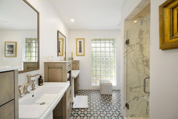 Bathroom, Glass Shower, Interior, Marble Walls, Recessed Lighting