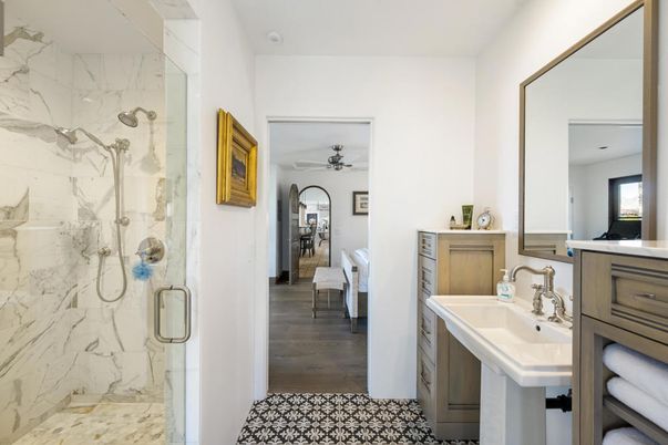 Bathroom, Glass Shower, Interior, Marble Walls, Wood Texture Flooring