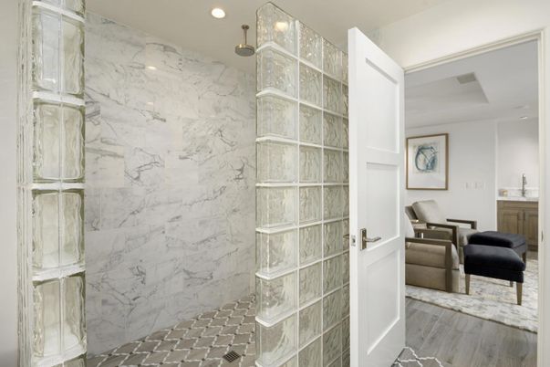 Bathroom, Interior, Marble Walls, Recessed Lighting, Wood Texture Flooring