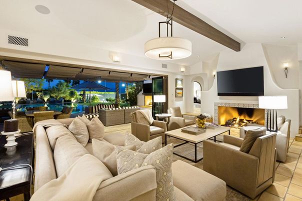 Fireplace, Interior, Living room, Pendant Lights, Recessed Lighting, Wooden Beams