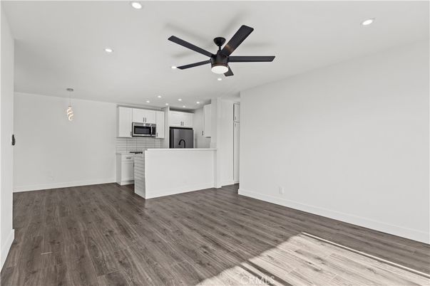 Empty room, Interior, Kitchen, Pendant Lights, Recessed Lighting, Wood Texture Flooring