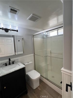 Bathroom, Glass Shower, Interior, Wood Texture Flooring