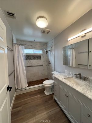 Bathroom, Glass Shower, Interior, Marble Walls, Wood Texture Flooring