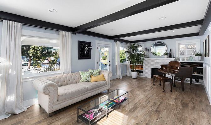 Interior, Living room, Piano, Recessed Lighting, Wooden Beams, Wood Texture Flooring