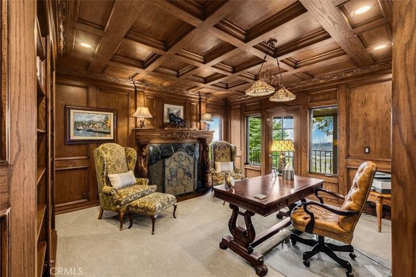 Fireplace, Home Office, Interior, Recessed Lighting, Wooden Beams, Wooden Ceilings, Wooden Walls