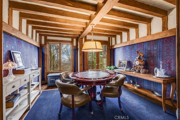 Dining room, Game Room, Interior, Pendant Lights, Wooden Beams