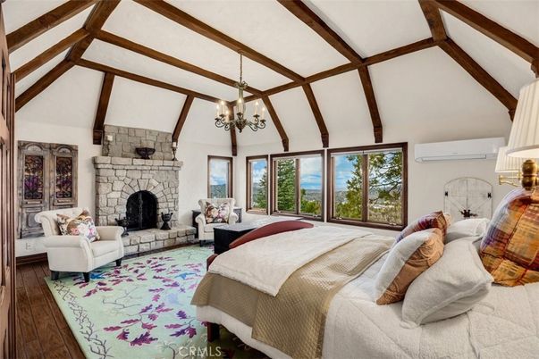 Bedroom, Chandelier, Fireplace, Interior, Wooden Beams, Wood Texture Flooring