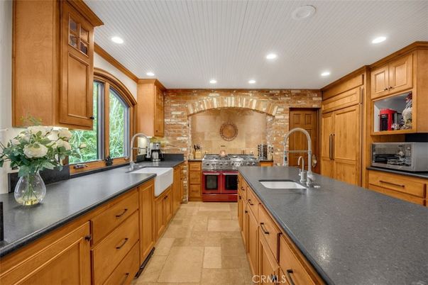 Interior, Kitchen, Recessed Lighting, Stainless Steel Appliances, Stone Walls