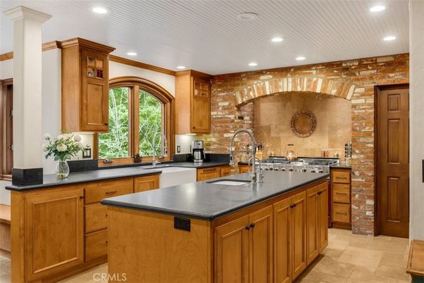 Interior, Kitchen, Recessed Lighting, Stainless Steel Appliances, Stone Walls
