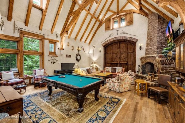 Billiard Table, Fireplace, Game Room, Interior, Living room, Stone Walls, Wooden Beams, Wood Texture Flooring
