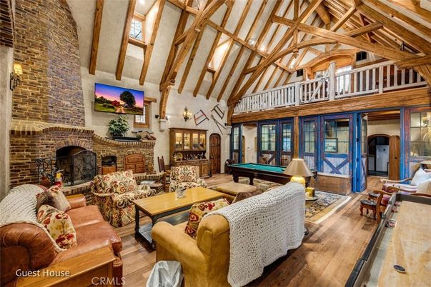 Billiard Table, Fireplace, Game Room, Interior, Living room, Stone Walls, Wooden Beams, Wood Texture Flooring