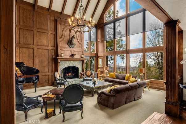 Chandelier, Fireplace, Interior, Living room, Piano, Wooden Beams, Wooden Walls
