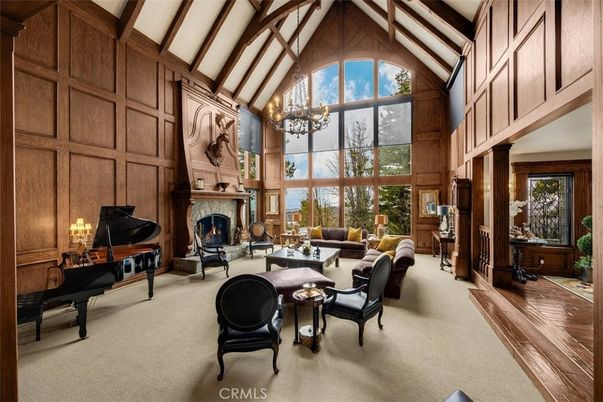 Chandelier, Fireplace, Interior, Living room, Piano, Wooden Beams, Wood Texture Flooring, Wooden Walls