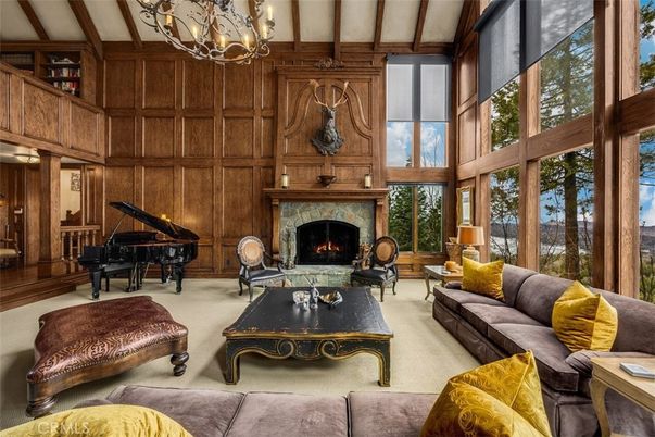 Chandelier, Fireplace, Interior, Living room, Piano, Wooden Walls