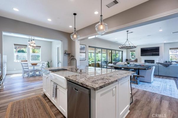 Dining room, Fireplace, Interior, Kitchen, Living room, Pendant Lights, Recessed Lighting, Wood Texture Flooring