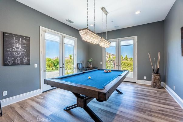Billiard Table, Chandelier, Game Room, Interior, Recessed Lighting, Wood Texture Flooring