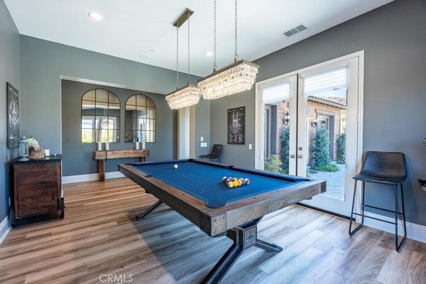 Billiard Table, Chandelier, Game Room, Interior, Recessed Lighting, Wood Texture Flooring
