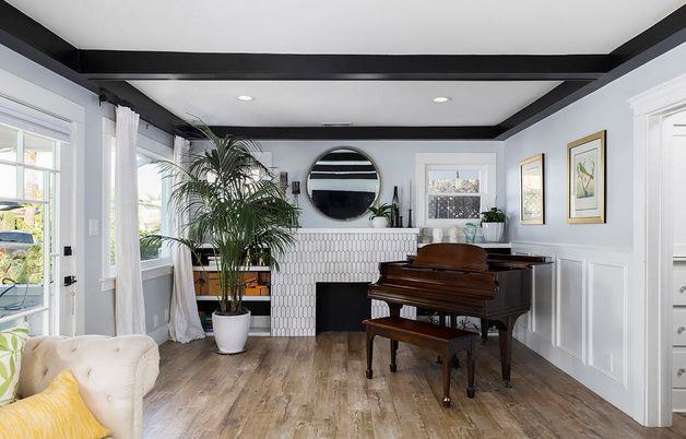Fireplace, Interior, Piano, Recessed Lighting, Wood Texture Flooring