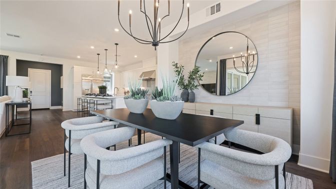 Chandelier, Dining room, Interior, Kitchen, Pendant Lights, Recessed Lighting, Wood Texture Flooring
