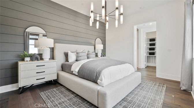 Bedroom, Interior, Pendant Lights, Recessed Lighting, Wood Texture Flooring