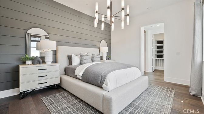 Bedroom, Interior, Pendant Lights, Recessed Lighting, Wood Texture Flooring