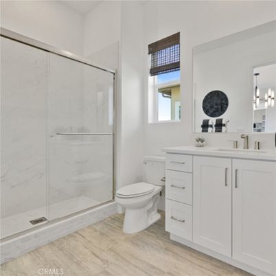 Bathroom, Glass Shower, Interior, Marble Walls, Pendant Lights, Wood Texture Flooring