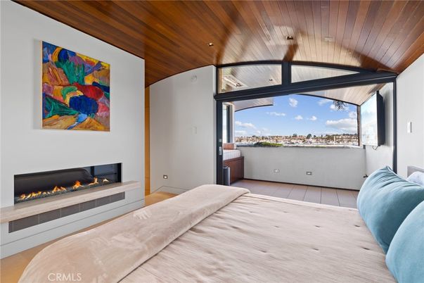 Bedroom, Fireplace, Interior, Recessed Lighting, Wooden Ceilings, Wood Texture Flooring