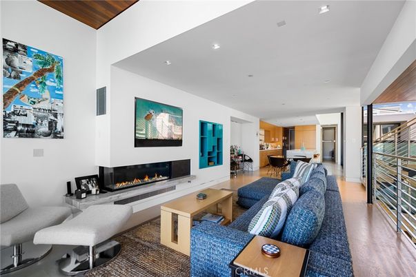 Dining room, Fireplace, Interior, Kitchen, Living room, Recessed Lighting, Wooden Ceilings