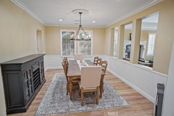 Dining room, Interior, Pendant Lights, Recessed Lighting, Wood Texture Flooring