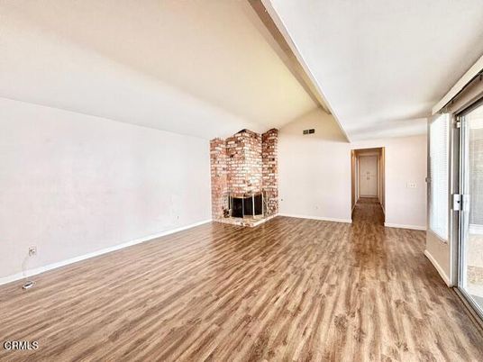 Empty room, Fireplace, Interior, Stone Walls, Wood Texture Flooring