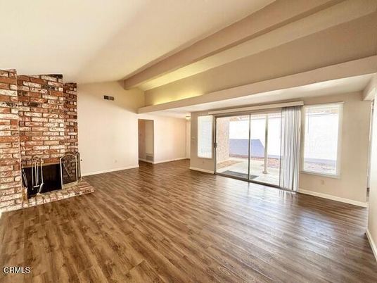 Empty room, Fireplace, Interior, Stone Walls, Wood Texture Flooring