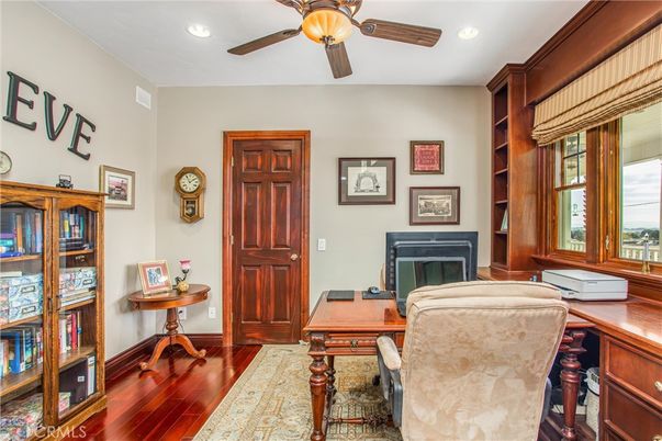 Fireplace, Home Office, Interior, Recessed Lighting, Wood Texture Flooring
