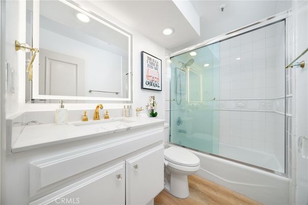 Bathroom, Glass Shower, Interior, Recessed Lighting, Wood Texture Flooring