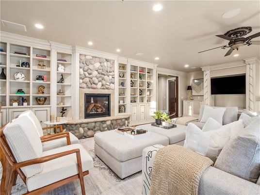Fireplace, Interior, Living room, Recessed Lighting, Stone Walls