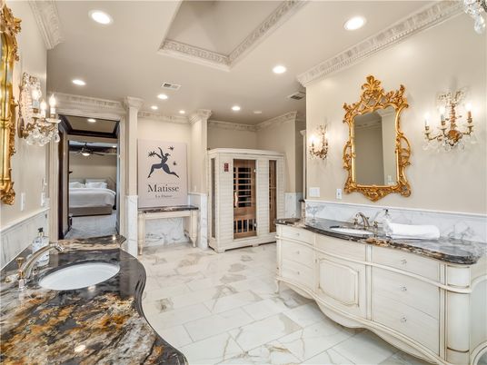 Bathroom, Bedroom, Dual Sink Vanities, Interior, Marble, Recessed Lighting