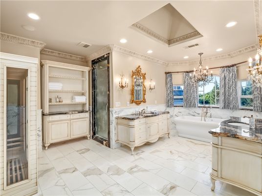Bathroom, Chandelier, Dual Sink Vanities, Free Standing Baths, Interior, Marble, Recessed Lighting