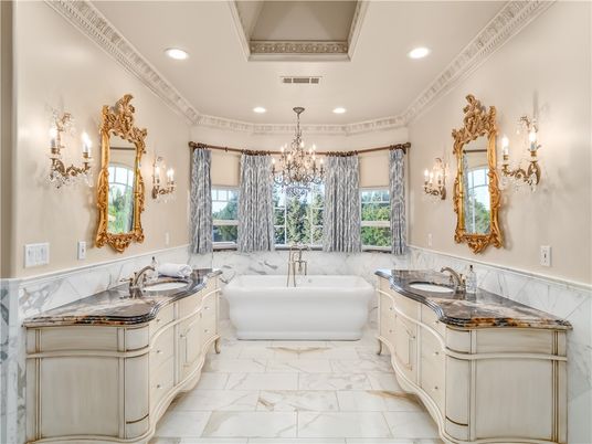 Bathroom, Chandelier, Dual Sink Vanities, Free Standing Baths, Interior, Marble, Recessed Lighting