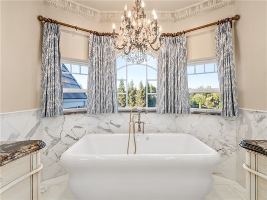Bathroom, Chandelier, Free Standing Baths, Interior, Marble, Marble Walls