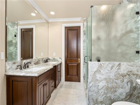 Bathroom, Dual Sink Vanities, Glass Shower, Interior, Recessed Lighting