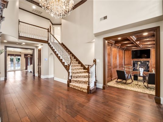 Chandelier, Dining room, Fireplace, Interior, Recessed Lighting, Wood Texture Flooring, Wooden Walls