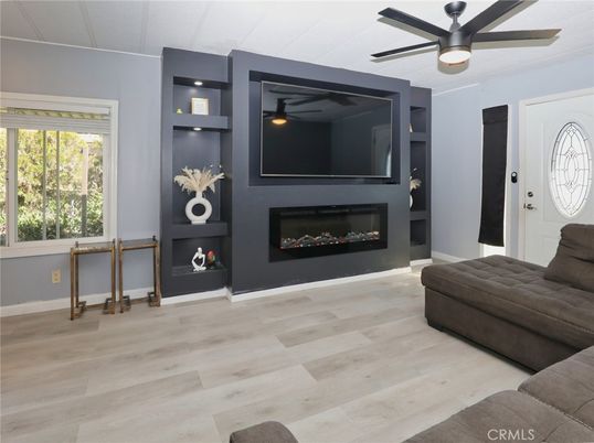 Fireplace, Interior, Recessed Lighting, Wood Texture Flooring
