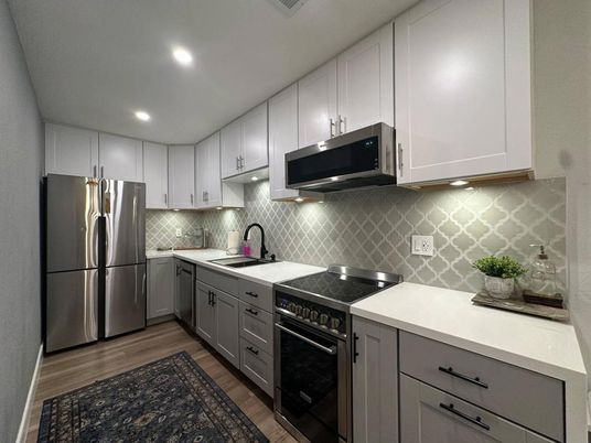 Interior, Kitchen, Recessed Lighting, Stainless Steel Appliances, Wood Texture Flooring