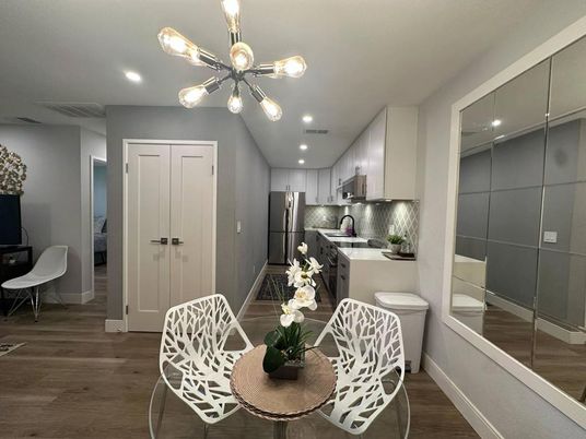 Dining room, Interior, Kitchen, Pendant Lights, Recessed Lighting, Stainless Steel Appliances, Wood Texture Flooring