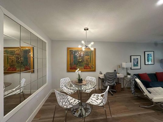 Dining room, Interior, Pendant Lights, Wood Texture Flooring