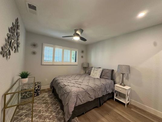 Bedroom, Interior, Recessed Lighting, Wood Texture Flooring