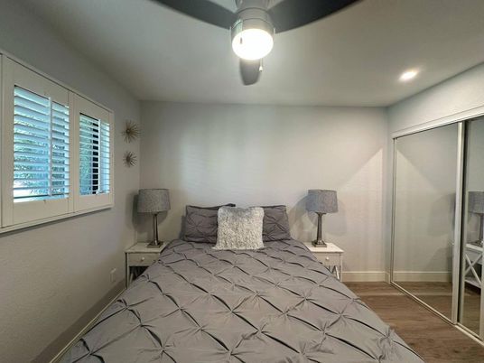 Bedroom, Interior, Recessed Lighting, Wood Texture Flooring