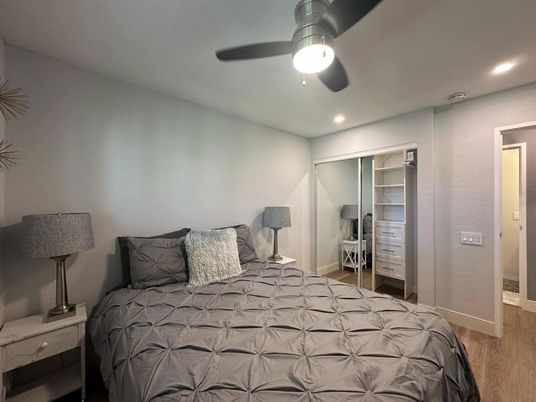 Bedroom, Interior, Recessed Lighting, Wood Texture Flooring