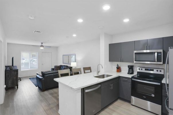 Interior, Kitchen, Living room, Recessed Lighting, Stainless Steel Appliances, Wood Texture Flooring